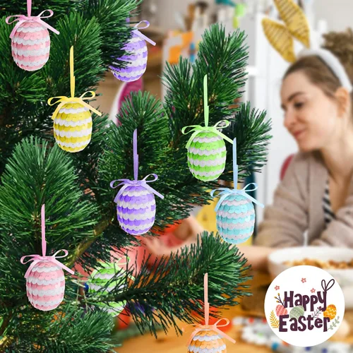Vista 4 de 30 huevos de lentejuelas colgantes de Pascua, adornos de huevos de Pascua de 1.6 pulgadas con lazo, adornos de árbol de huevo colgantes de primavera