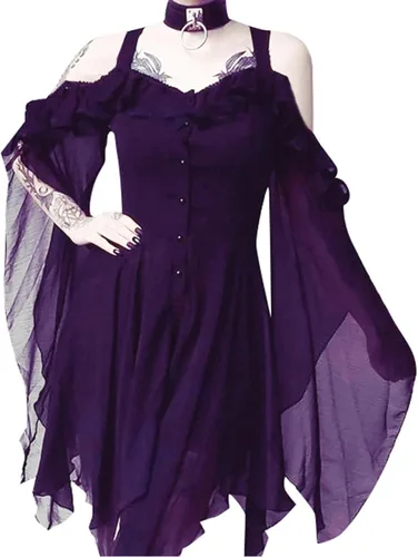 Vista 2 de ZEFOTIM Disfraz medieval para mujer, hombros descubiertos, mangas de murciélago, corsé con volantes, vestido de tubo gótico para cosplay