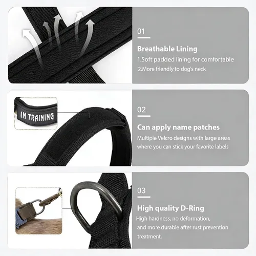 Vista 5 de Collar táctico para perro, ajustable, militar, de nailon, con asa de control y hebilla de metal resistente para perros medianos y grandes (negro, S)