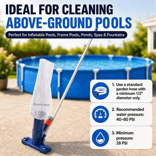 Vista 6 de Aspiradora de chorro de piscina mejorada con cepillo y poste de 56 pulgadas, para piscina sobre el suelo/inflable, bañera de hidromasaje, estanque