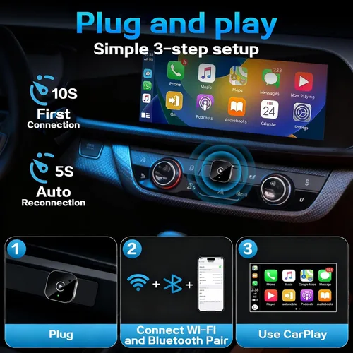 Vista 4 de Mini Adaptador Inalámbrico CarPlay para iPhone, 2 en 1 para Apple CarPlay y Adaptador Android Auto, Convierte de Cableado a Inalámbrico, Plug & Negro
