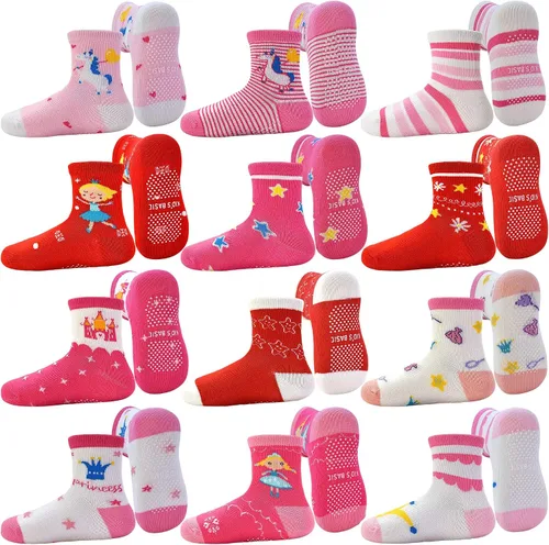 Vista 12 de Tphon - Calcetines antideslizantes para bebés y niños pequeños, 12 pares con agarre, calcetines de tripa para niños de 0 a 7 años, niños y niñas