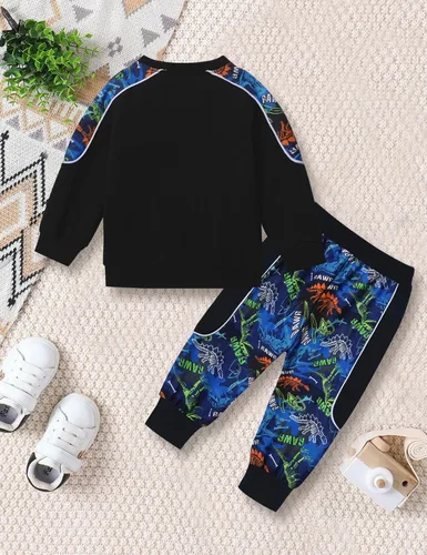Vista 7 de KANGKANG Conjunto de sudadera de manga larga con estampado de letras para niños pequeños, conjunto de pantalones con estampado de dinosaurio