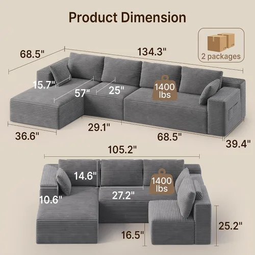 Vista 3 de Sofá seccional modular de 135" Sofá moderno de nube con diván en forma de L Gris