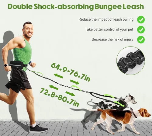 Vista 3 de VavoPaw Correa de perro manos libres para 2 perros con bolsa, correa de cintura para pasear perros, correas retráctiles con asas acolchadas dobles