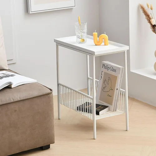 Vista 2 de Mesa de Café Creativa Mesa Auxiliar Salón Pequeño Sofá Mini Mesa de Centro Dormitorio Cabecera Sencilla Doble Estante Mesa Móvil para Espacios Blanco