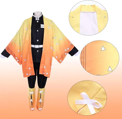 Vista 2 de Kicpot Zenitsu Cosplay-Demon Slayer - Disfraz de cosplay de 8 piezas de Agatsuma Zenitsu kimono de anime disfraz de Halloween para niños y adultos