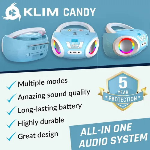 Vista 2 de KLIM Candy Kids - Reproductor de CD para niños, radio FM, incluye baterías, Boombox portátil, reproductor de CD para niños, con altavoces, niños Azul