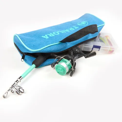 Vista 6 de Kit de pesca con caña, carrete predistribuido, aparejos, ganchos, estuche de transporte con cremallera