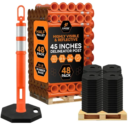 Vista 18 de Xpose Safety Postes de delineador naranja de 45 pulgadas con base, paquete de 3 – parte superior de anillo, banda reflectante de 10 pulgadas, base