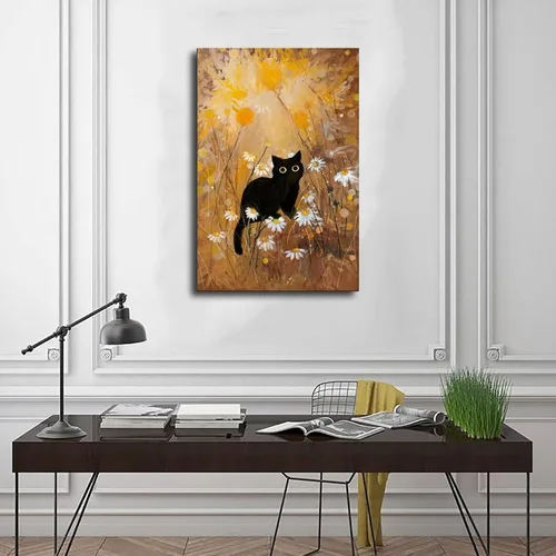 Vista 3 de Fyzuf Arte de pared de gato, pintura al óleo sobre lienzo, póster de lindo cubismo de gato, colorido, lindo, gatos, decoración estética, habitación