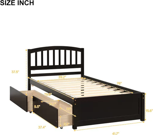 Vista 2 de Harper & Bright Designs Cama individual con cajones, marco de cama de madera con cabecero y estribo, plataforma de madera para niños, niñas, niños