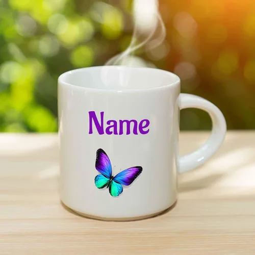 Vista 3 de Taza de café con nombre personalizado, mariposa morada (11 onzas)