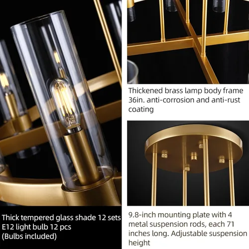 Vista 5 de Candelabro de 12 Luces de Latón Redondo 36" Candelabros de Rueda de Vagón de 91 cm para Fijo de Iluminación de Comedor Tubo de Vidrio Transparente