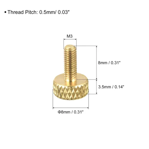 Vista 2 de uxcell 2 tornillos moleteados de latón para pulgar, M3x8mm de agarre plano, perno de sujeción para electrónicos, mecánicos