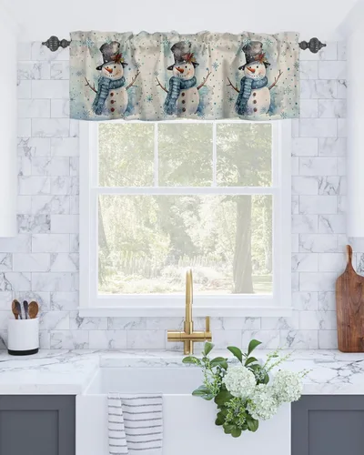 Vista 5 de Cortinas de cocina con muñeco de nieve azul para ventana de baño de cocina