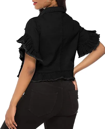 Vista 2 de vunahzma Chaqueta de mezclilla para mujer, con botones, manga desgastada, con volantes, abrigo