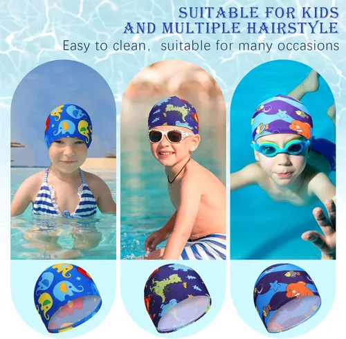Vista 5 de Geyoga Gorros de natación para niños, 3 piezas, unisex, de poliéster, para piscina, gorra de verano para niños y niñas, pelo largo y corto