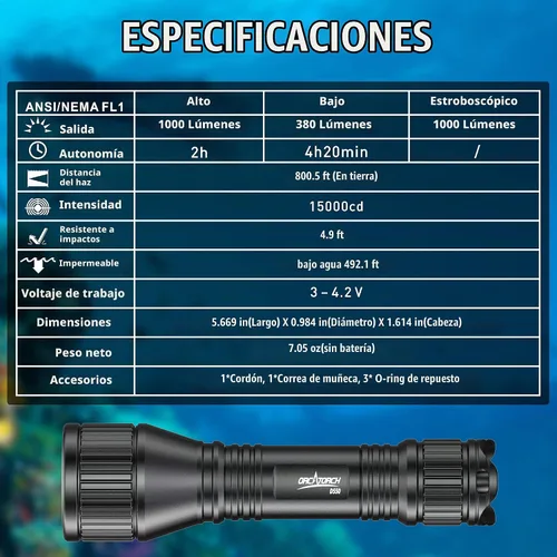 Vista 8 de ORCATORCH Luz de buceo D550 con soporte de muñeca manos libres