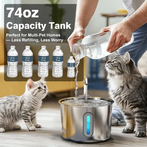 Vista 5 de Fuente de agua para gatos, fuente para gatos de 74 onzas / 2.2 L para beber, fuente de agua para mascotas, acero inoxidable para gatos
