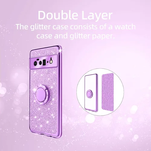 Vista 8 de Funda compatible con Google Pixel 6 Pro para mujer, con purpurina, suave, elegante, transparente, TPU de lujo, bonita funda protectora con correa