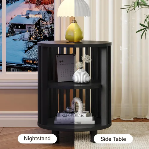 Vista 5 de Mesa auxiliar redonda, mesita de noche de madera, mesita de noche moderna de mediados de siglo con estante de almacenamiento abierto, mesas