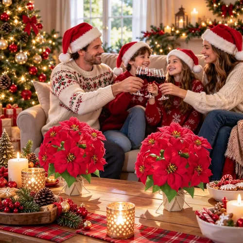 Vista 8 de Mini árbol de Navidad con flores artificiales en maceta 1cs pequeño en maceta-13 pulgadas