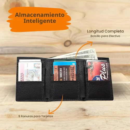 Vista 4 de Cartera hecha a mano de cuero de 9 tarjetas de piel auténtica de Stingray, Negro