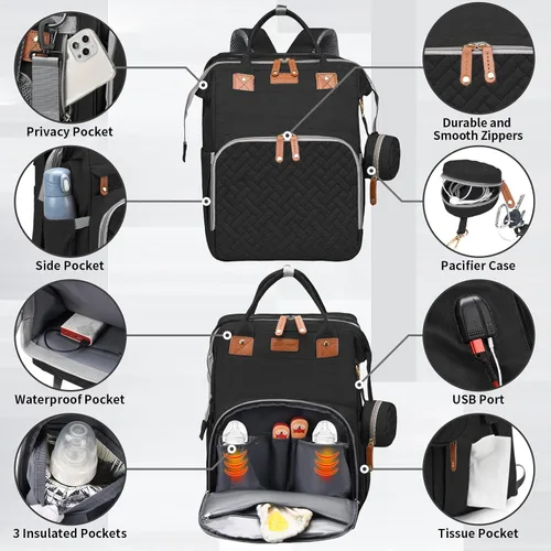 Vista 3 de Mochila para pañales, bolsa de pañales multifuncional para bebés, Negro -, Bolsa de pañales para bebé