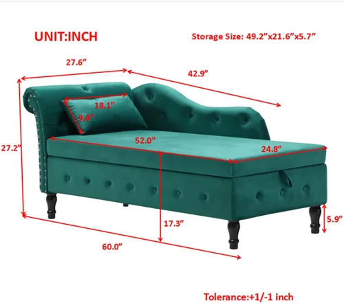 Vista 3 de LUCKHAO Chaise Lounge para interiores, sillón de terciopelo para dormitorio con almacenamiento y almohada, moderno y tapizado con brazo enrollado