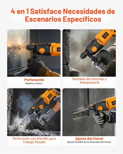 Vista 3 de VEVOR Taladro de martillo rotatorio SDS-Plus de 1 pulgada, taladros con cable de 8 amperios, martillos cinceladores resistentes con embrague