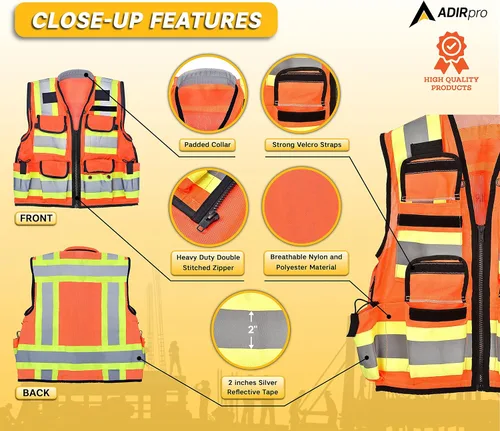 Vista 2 de AdirPro - Chaleco de seguridad para agrimensor con bolsillos - Chaleco reflectante de alta visibilidad para construcción