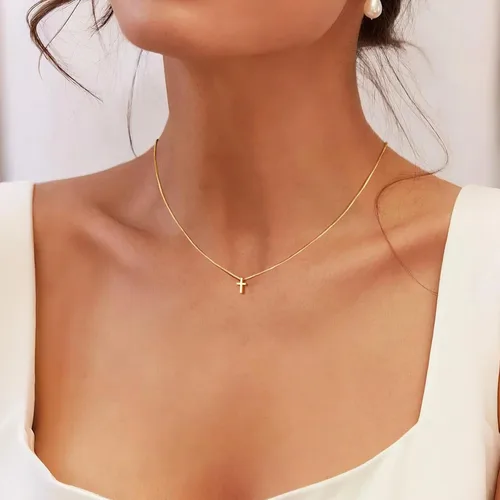 Vista 24 de Collar de cruz para mujeres y niñas, delicado chapado en oro de 14 quilates, gargantilla con dije de cruz que no se deslustra, impermeable, moderno