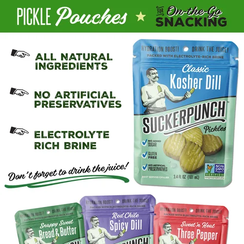 Vista 4 de SuckerPunch Encurtidos en una bolsa, sin gluten, kosher, sin azúcar, bajo en calorías, keto, vegano, sin OMG, listo para comer, para llevar, bolsas