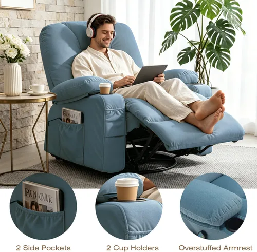 Vista 5 de Rocker - Silla reclinable con masaje y calor, sillón reclinable giratorio con relleno con soporte para tazas, bolsillo lateral USB, sofá mecedora