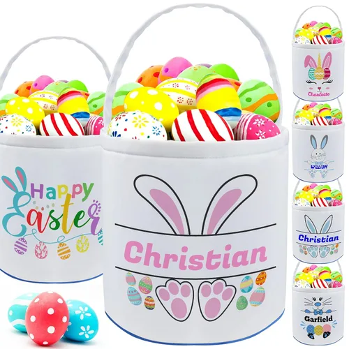 Vista 30 de Cesta de Pascua personalizada con nombre para niñas, niños y niños, cesta de Pascua personalizada bolsas de regalo para caza de huevos de Pascua