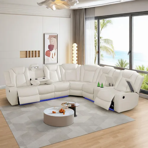 Vista 18 de Juego de sofá seccional reclinable con alimentación, juego de sofá modular reclinable de cuero negro en forma de L, sofá de cuero en forma de L
