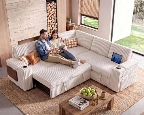 Vista 25 de WEUP Sofá cama modular de 111 pulgadas con cama extraíble, sofá de pana de felpa en forma de L de 7 asientos con diván de almacenamiento, puertos