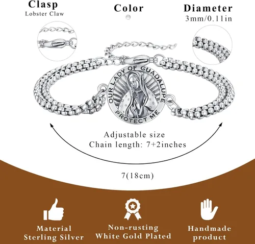 Vista 101 de Pulsera unisex de San Miguel/Cristóbal/Benedicto/Jude/José/Guadalupe/Ángel de la Guarda/Santa Muerte Pulsera de plata de ley 925 con cadena de doble