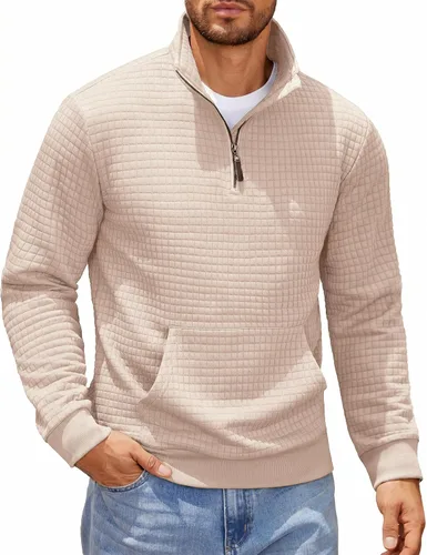 Vista 6 de COOFANDY - Sudadera con capucha para hombre, manga larga, con cremallera de un cuarto, estilo sarga casual, con bolsillo Verde militar
