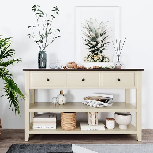 Vista 13 de GDFStudio Trexme - Mesa consola rectangular de madera de 50 pulgadas de largo con tres cajones de almacenamiento y dos estantes abiertos, mesa