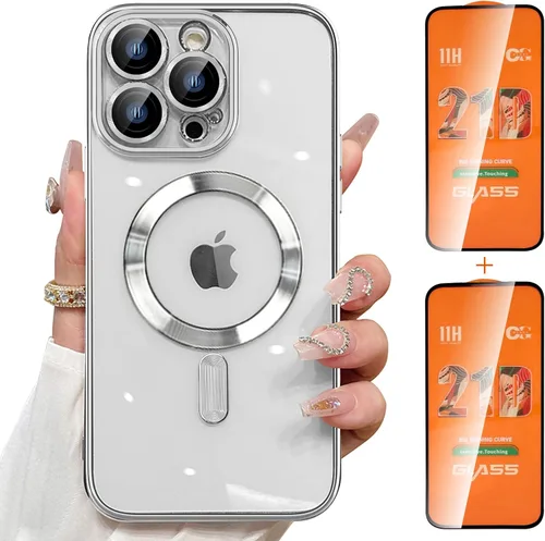Vista 7 de Magsafe - Funda magnética transparente para iPhone 14 Pro con protector de pantalla y funda para cámara, galvanizada transparente para Negro