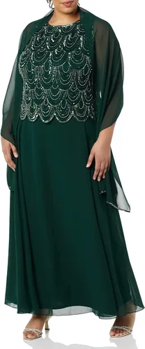 Vista 9 de J Kara Vestido largo sin mangas con cuentas y bufanda para mujer, talla grande
