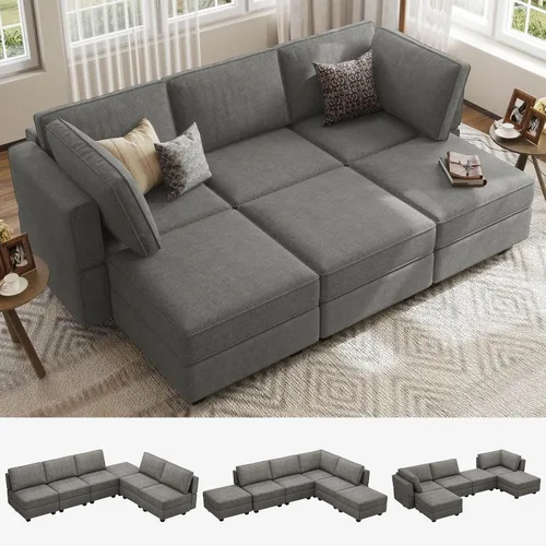 Vista 22 de Belffin - Sofá seccional modular con cama oculta, sofá seccional convertible para sala de estar. Sofá color gris claro