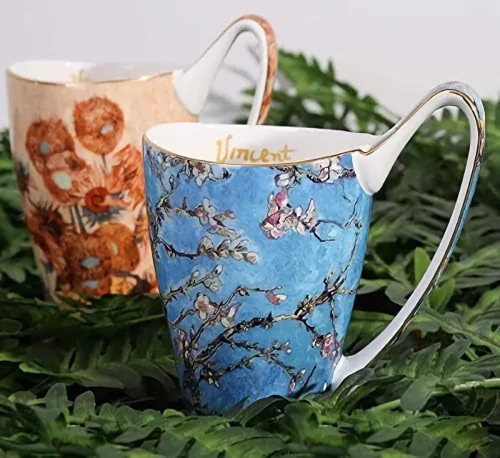 Vista 5 de Taza de café de porcelana de hueso YBK Tech, taza grande de 16oz de té - Diseño inspirado en las pinturas de Van Gogh (flor de albaricoque)
