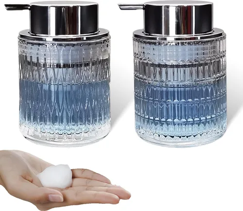 Vista 7 de Dispensadores de jabón espumoso de mano de vidrio con bomba plateada, dispensador de jabón de manos recargable para baño y cocina (1 paquete-D881)