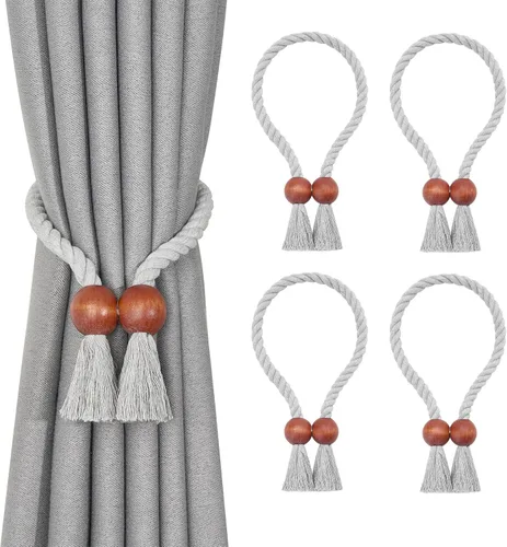 Vista 62 de NICEEC 2 Pack de Alzapaños Magnéticos de Madera en Forma de Cubo Boho para Decoración del Hogar, Alzapaños de Lino Tejidos a Mano para Cortinas Beige