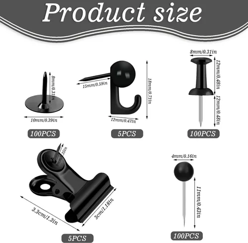 Vista 2 de Juego de 310 chinchetas, tachuelas negras decorativas para tablero de corcho con gancho para chinchetas, clip para chinchetas, 5 estilos, accesorios