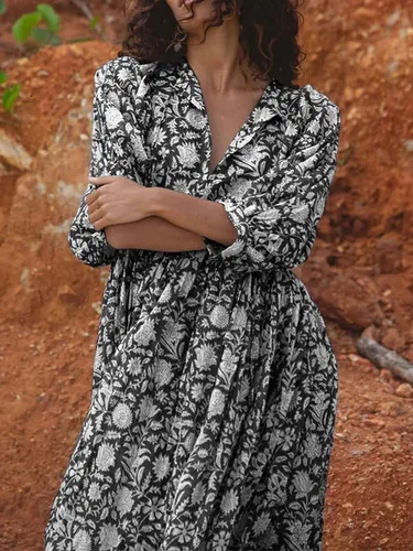 Vista 3 de Vestido largo bohemio con cuello en V profundo y mangas abombadas para mujer, estilo casual, floral, de gasa, escalonado, con vuelo, para fiesta