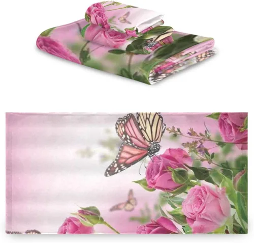 Vista 2 de Juego de toallas de baño para baño, diseño floral de mariposa rosa, hojas verdes románticas para cuatro estaciones, lujo de 3 toallas, 1 toalla, 1